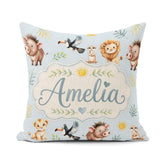 Custom Name Jungle Animals Lion Meerkat Toucan Boar on Soft Blue Square Filled Cushion Throw Pillow Sofa Bed Home Decor Zip Washable UK Made