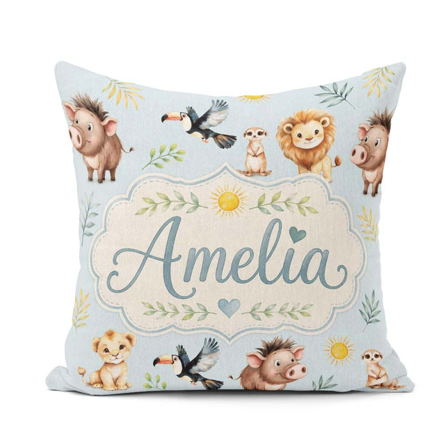 Custom Name Jungle Animals Lion Meerkat Toucan Boar on Soft Blue Square Filled Cushion Throw Pillow Sofa Bed Home Decor Zip Washable UK Made