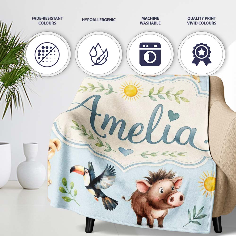 Jungle Animals Lion Meerkat Toucan Boar on Soft Blue Seamless  Personalised Custom Name Super Soft Fleece Blanket Bed Sofa Throw