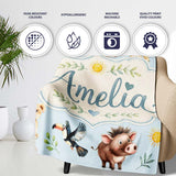 Jungle Animals Lion Meerkat Toucan Boar on Soft Blue Seamless  Personalised Custom Name Super Soft Fleece Blanket Bed Sofa Throw