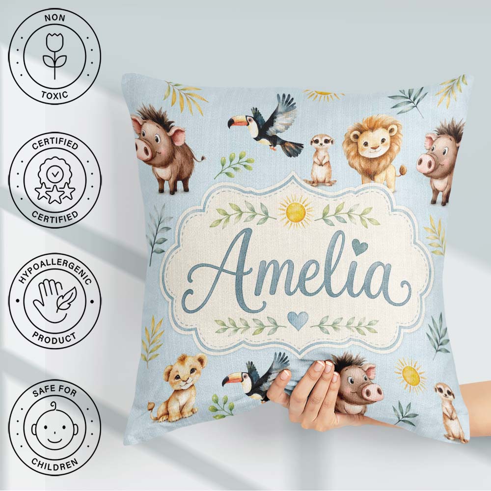 Custom Name Jungle Animals Lion Meerkat Toucan Boar on Soft Blue Square Filled Cushion Throw Pillow Sofa Bed Home Decor Zip Washable UK Made