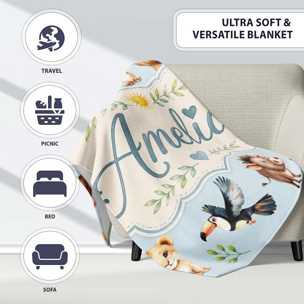 Jungle Animals Lion Meerkat Toucan Boar on Soft Blue Seamless  Personalised Custom Name Super Soft Fleece Blanket Bed Sofa Throw