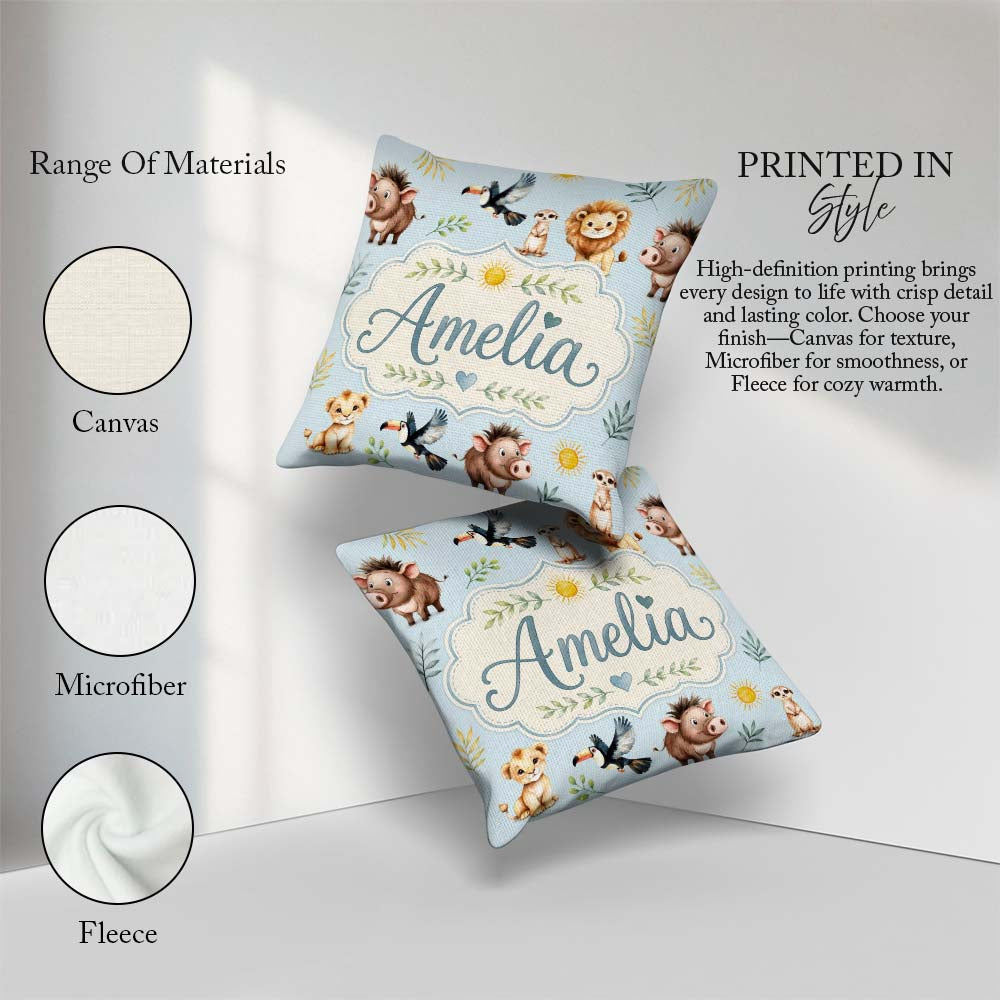 Custom Name Jungle Animals Lion Meerkat Toucan Boar on Soft Blue Square Filled Cushion Throw Pillow Sofa Bed Home Decor Zip Washable UK Made