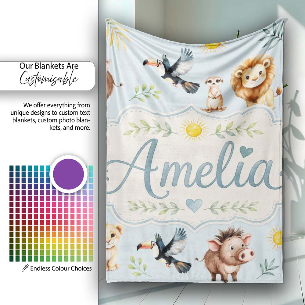 Jungle Animals Lion Meerkat Toucan Boar on Soft Blue Seamless  Personalised Custom Name Super Soft Fleece Blanket Bed Sofa Throw