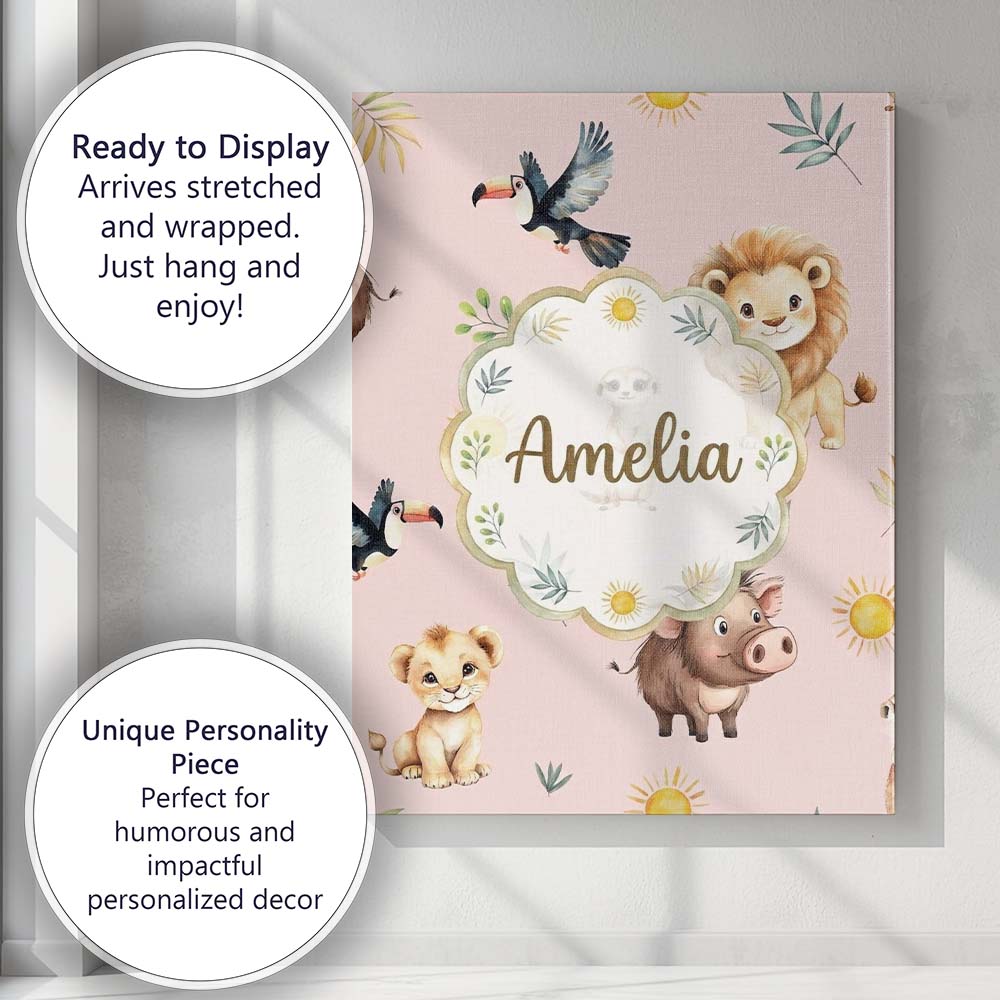 Personalised Name Jungle Animals Lion Custom Modern Room Accent Creative Decorator Style Canvas Wall Art Print Decor Picture Ready to Hang