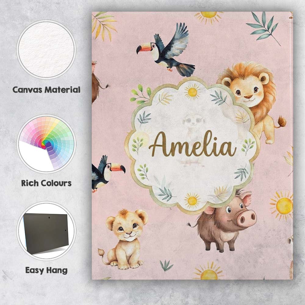 Personalised Name Jungle Animals Lion Custom Modern Room Accent Creative Decorator Style Canvas Wall Art Print Decor Picture Ready to Hang
