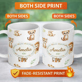 Personalized Custom Name Cute Baby Jungle Animals with Leaves on Soft Grey Background Lovely 11oz Ceramic Coffee Tea Mug White Large Handle