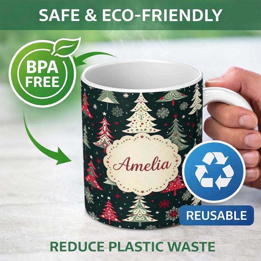 Personalized Custom Name Nordic Christmas Trees Red White Green Snowflakes Festive Seamless 11oz Ceramic Coffee Tea Mug White Large Handle