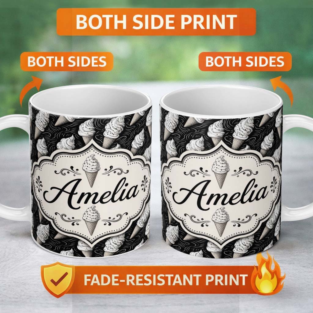 Personalized Custom Name Monochrome Ice Cream Cone Pattern on Black with Swirl Texture Lovely 11oz Ceramic Coffee Tea Mug White Large Handle