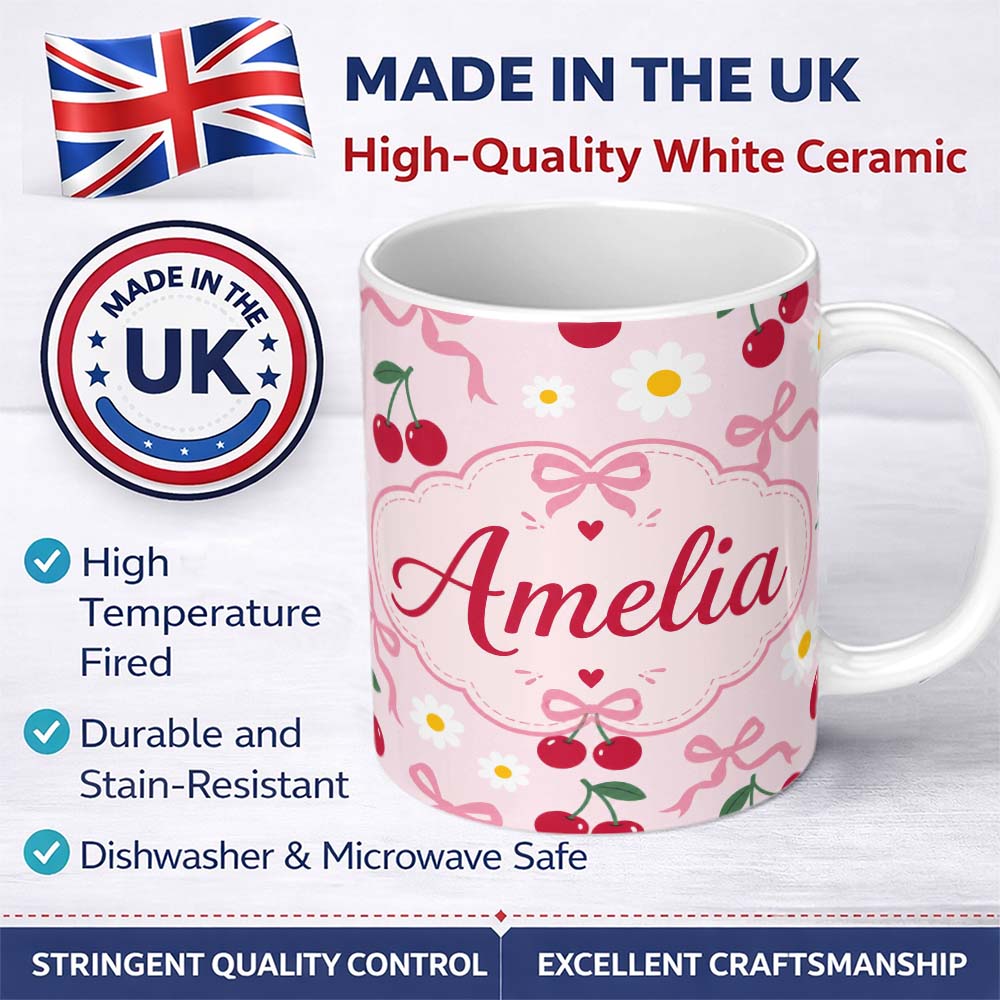Personalized Custom Name Cute Cherry and Daisy Flowers with Pink Ribbon Bows Soft Pink Lovely 11oz Ceramic Coffee Tea Mug White Large Handle