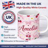 Personalized Custom Name Cute Cherry and Daisy Flowers with Pink Ribbon Bows Soft Pink Lovely 11oz Ceramic Coffee Tea Mug White Large Handle