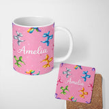 Personalized Custom Name Balloon Dog Seamless Pattern Pink Background Colorful Party Design 11oz Ceramic Coffee Tea Mug White Large Handle