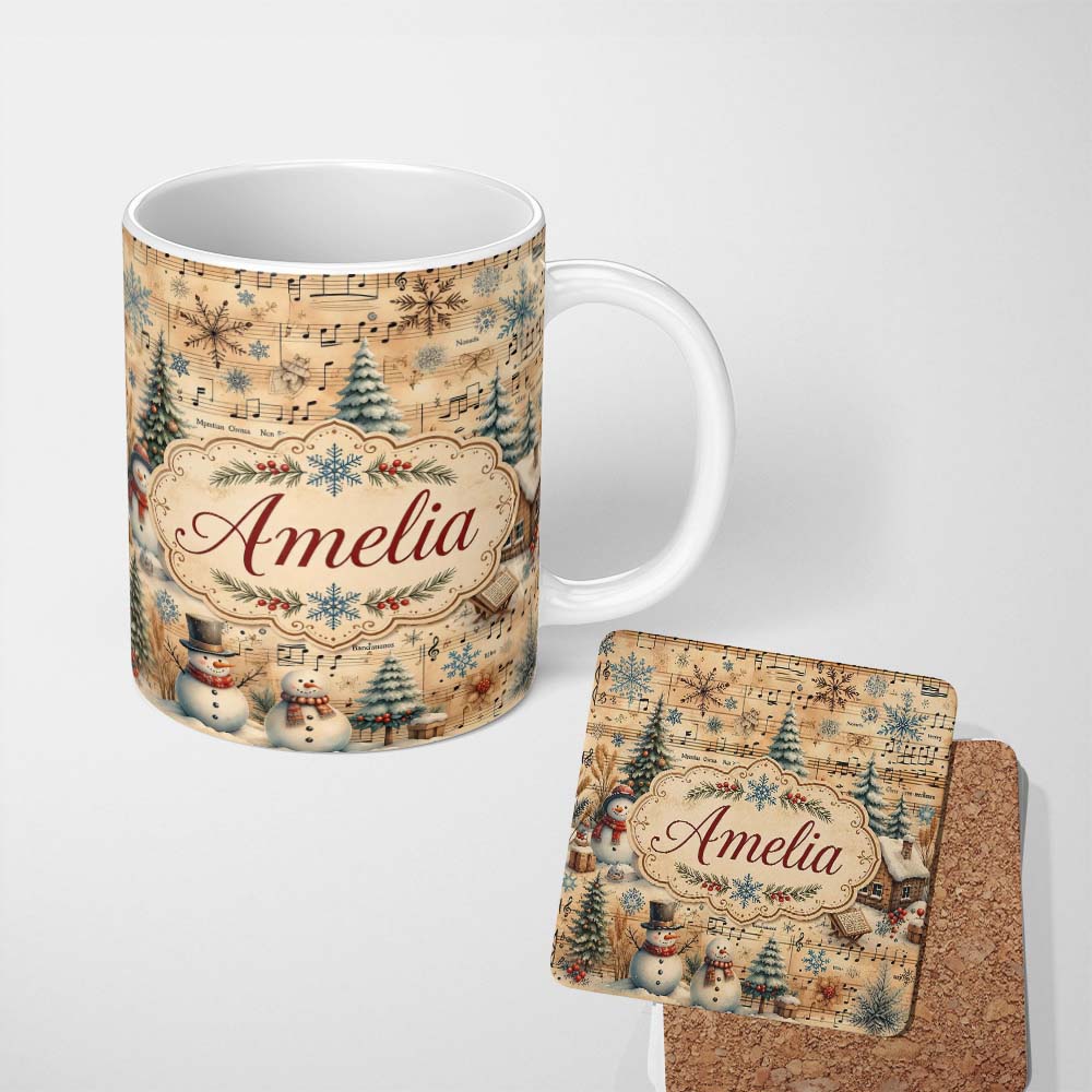 Personalized Custom Name Winter Snowman Christmas Trees Music Notes Seamless Pattern Lovely 11oz Ceramic Coffee Tea Mug White Large Handle