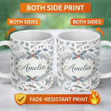 Personalized Custom Name Winter Botanical Leaves Pine Branch Blue Tones Seamless Pattern 11oz Ceramic Coffee Tea Mug White Large Handle