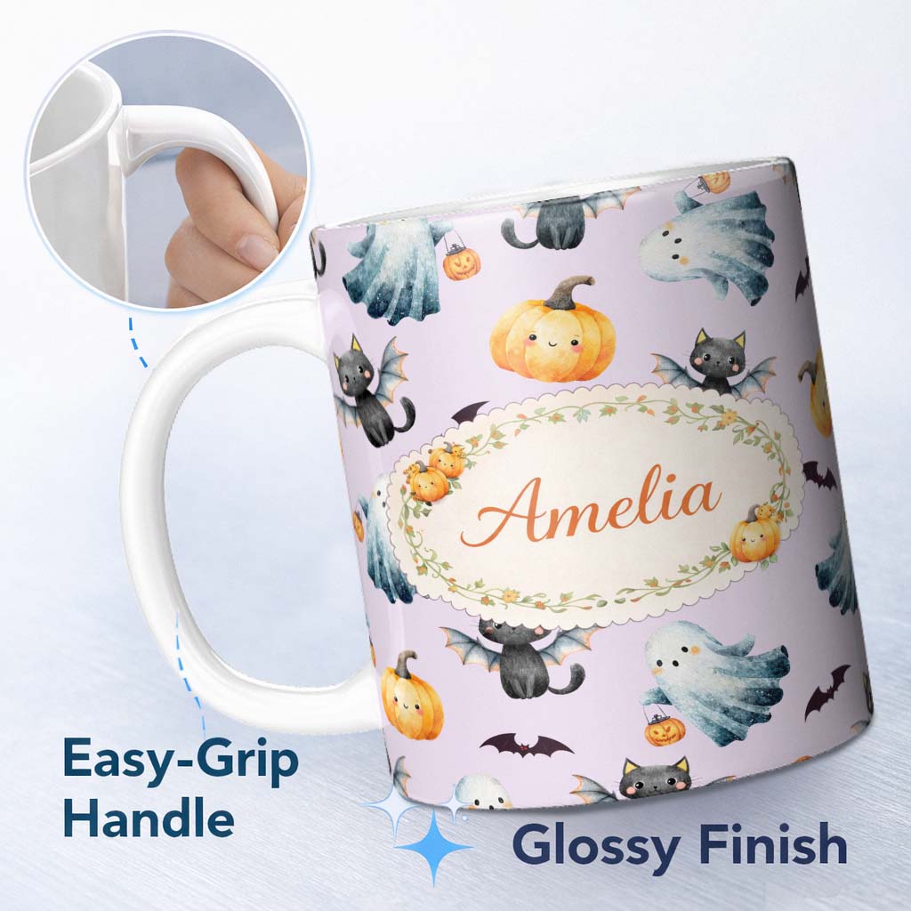 Personalized Custom Name Halloween Ghost Pumpkin Cat Seamless Pattern Lavender Cute Spooky 11oz Ceramic Coffee Tea Mug White Large Handle