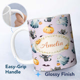 Personalized Custom Name Halloween Ghost Pumpkin Cat Seamless Pattern Lavender Cute Spooky 11oz Ceramic Coffee Tea Mug White Large Handle