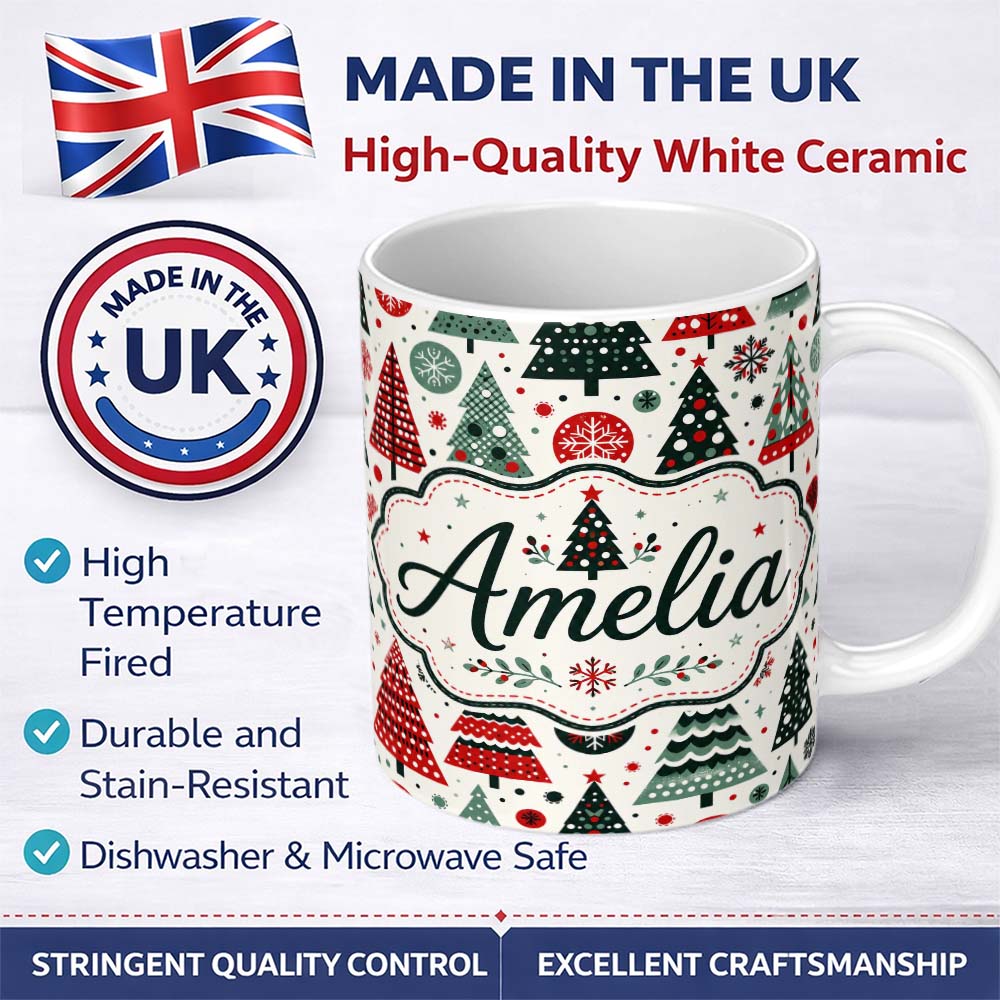 Personalized Custom Name Scandi Christmas Trees Polka Dots Snowflakes Cute Holiday Seamless 11oz Ceramic Coffee Tea Mug White Large Handle