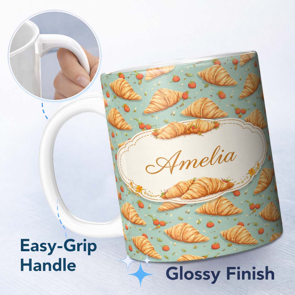 Personalized Custom Name Croissant and Strawberry Playful Teal Background Seamless Pattern 11oz Ceramic Coffee Tea Mug White Large Handle