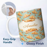 Personalized Custom Name Croissant and Strawberry Playful Teal Background Seamless Pattern 11oz Ceramic Coffee Tea Mug White Large Handle