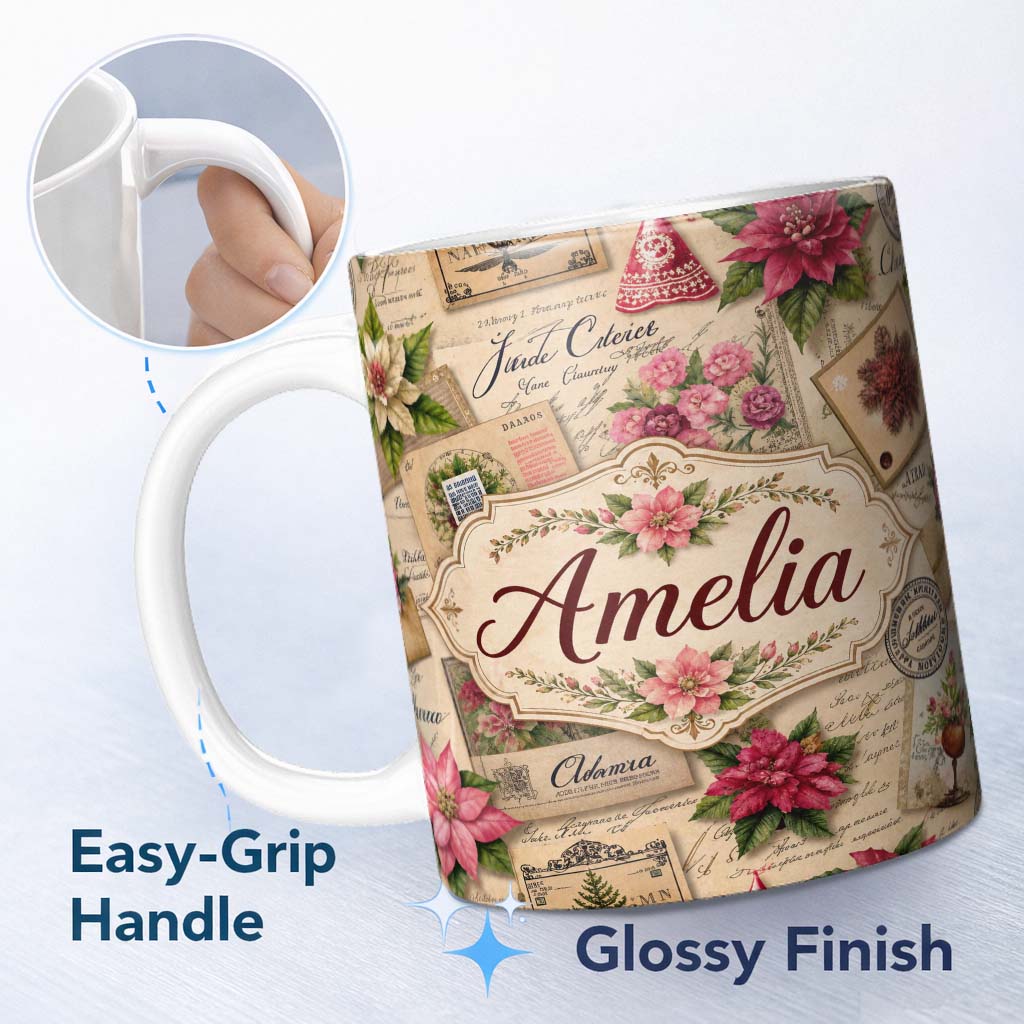 Personalized Custom Name Vintage Floral Christmas Postcards Collage Festive Holiday Design 11oz Ceramic Coffee Tea Mug White Large Handle