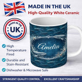 Personalized Custom Name Deep Ocean Whale Seamless Pattern Blue Marine Animal Design Lovely 11oz Ceramic Coffee Tea Mug White Large Handle