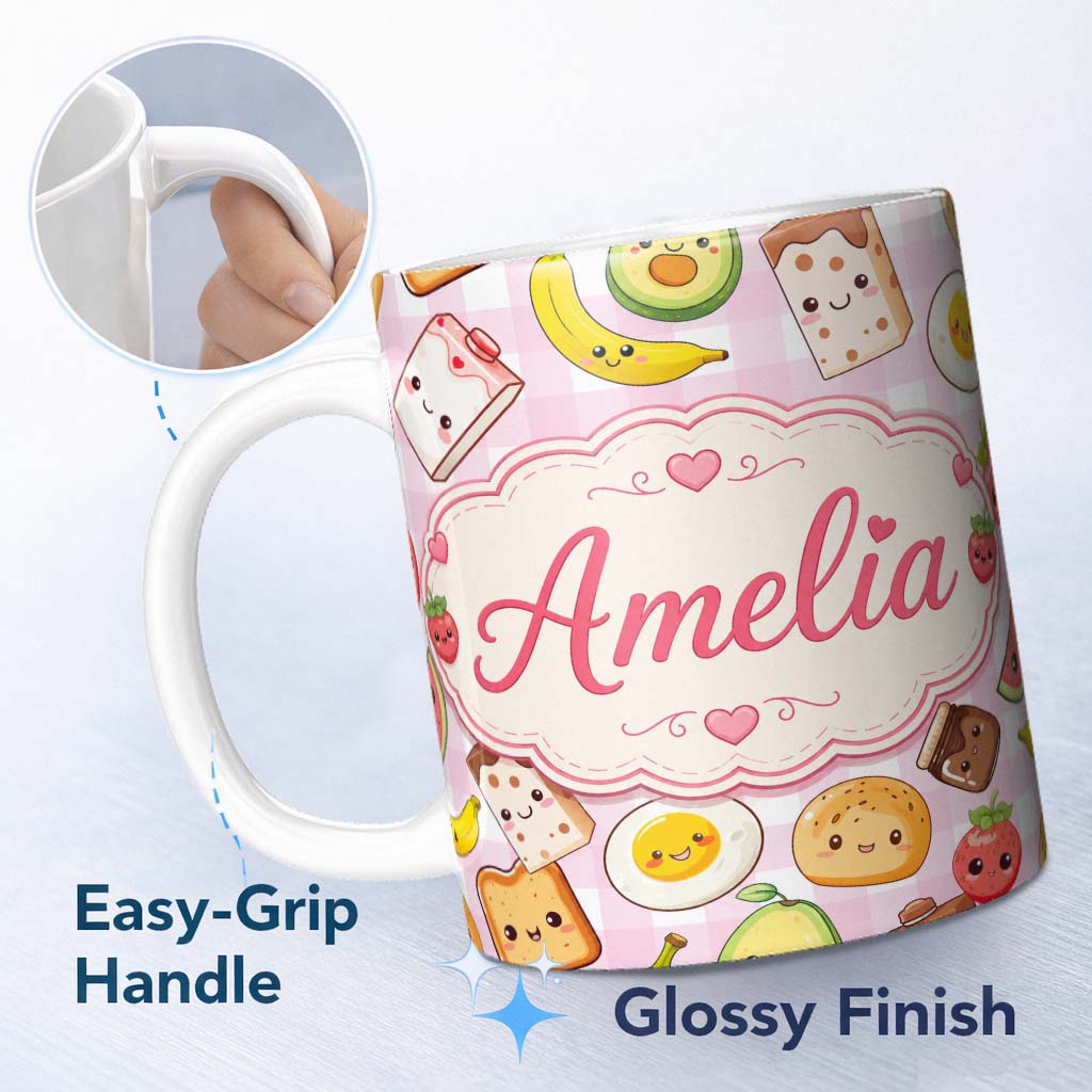 Personalized Custom Name Cute Kawaii Breakfast Food Seamless Pattern Pink Gingham Background 11oz Ceramic Coffee Tea Mug White Large Handle