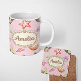 Personalized Custom Name Cute Sea Turtle Starfish Shell Kawaii Ocean Seamless Pattern Pink 11oz Ceramic Coffee Tea Mug White Large Handle