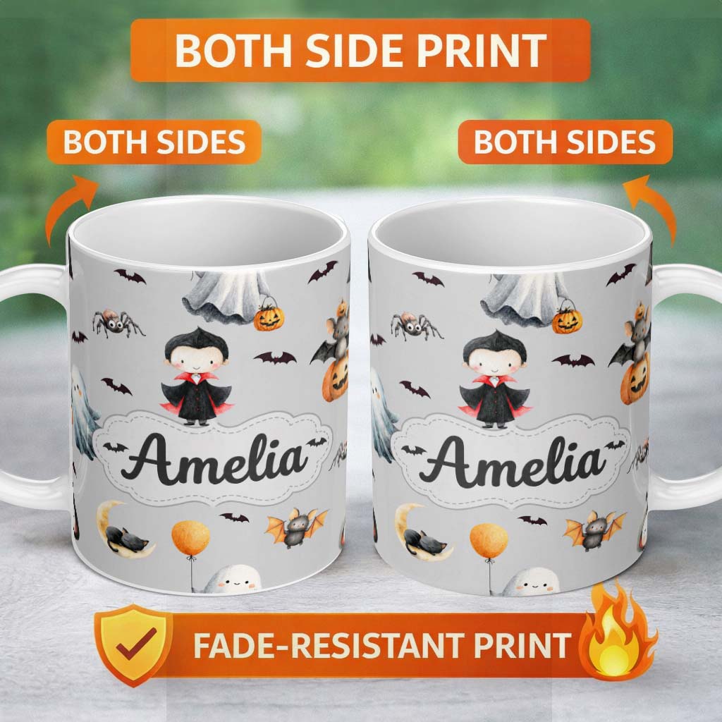Personalized Custom Name Cute Halloween Dracula Ghost Bats on Grey Background Seamless Lovely 11oz Ceramic Coffee Tea Mug White Large Handle