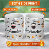 Personalized Custom Name Cute Halloween Dracula Ghost Bats on Grey Background Seamless Lovely 11oz Ceramic Coffee Tea Mug White Large Handle