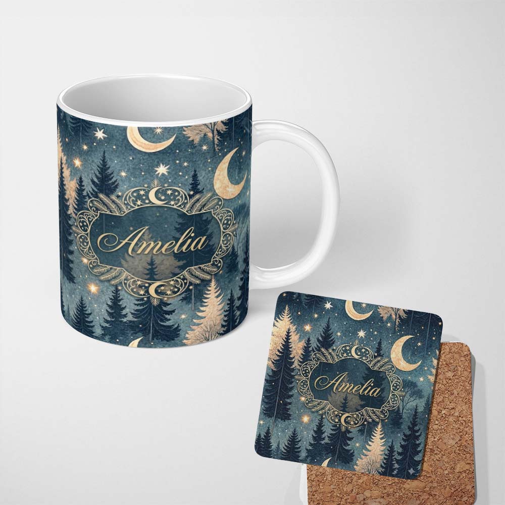 Personalized Custom Name Celestial Leaves Moon Stars Night Sky Seamless Pattern Lovely 11oz Ceramic Coffee Tea Mug White Large Handle