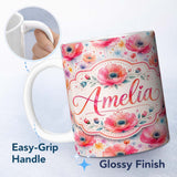 Personalized Custom Name Soft Pastel Poppy Floral Watercolor Artistic Seamless Pattern Lovely 11oz Ceramic Coffee Tea Mug White Large Handle