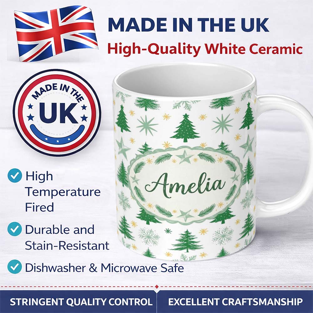 Personalized Custom Name Minimal Green Christmas Trees with Snowflakes and Stars Seamless 11oz Ceramic Coffee Tea Mug White Large Handle
