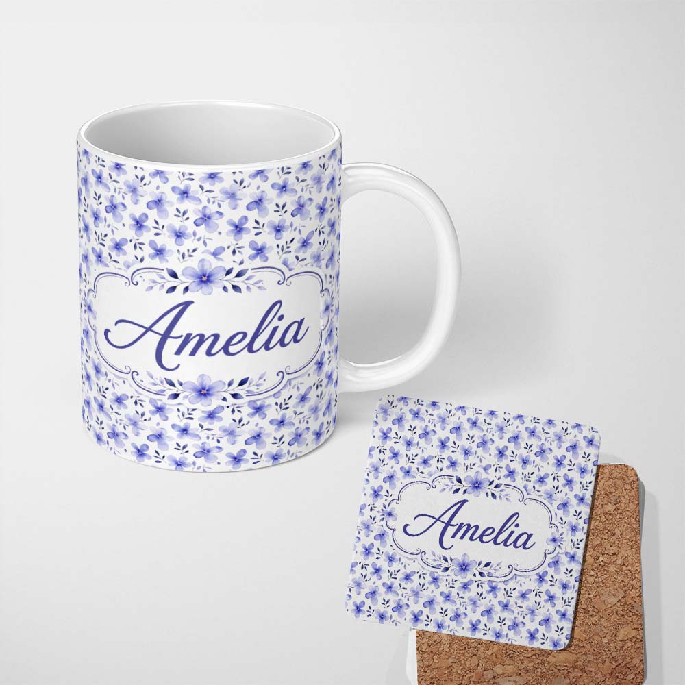 Personalized Custom Name Soft Blue Watercolor Floral Seamless Pattern Delicate Botanical 11oz Ceramic Coffee Tea Mug White Large Handle