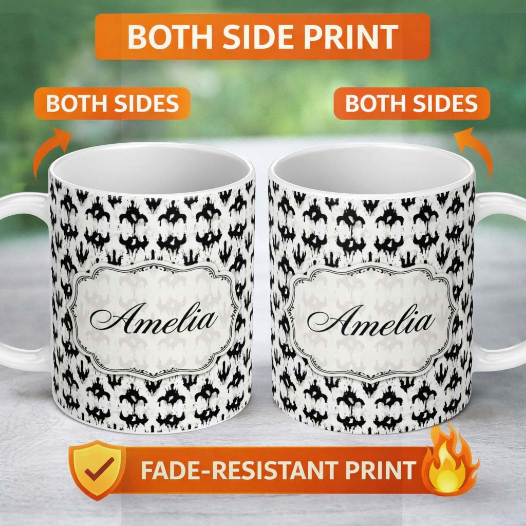 Personalized Custom Name Black White Ink Blot Symmetrical Abstract Seamless Pattern Lovely 11oz Ceramic Coffee Tea Mug White Large Handle