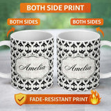 Personalized Custom Name Black White Ink Blot Symmetrical Abstract Seamless Pattern Lovely 11oz Ceramic Coffee Tea Mug White Large Handle