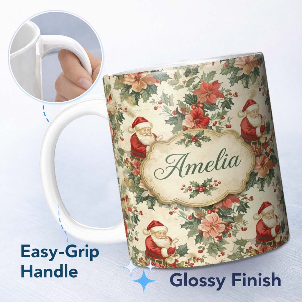 Personalized Custom Name Vintage Santa Claus Holly Floral Christmas Seamless Pattern Lovely 11oz Ceramic Coffee Tea Mug White Large Handle