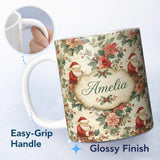 Personalized Custom Name Vintage Santa Claus Holly Floral Christmas Seamless Pattern Lovely 11oz Ceramic Coffee Tea Mug White Large Handle