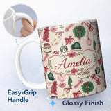Personalized Custom Name Festive Holiday Cakes Wreaths Candles Gifts Seamless Pattern Lovely 11oz Ceramic Coffee Tea Mug White Large Handle