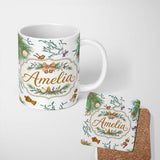Personalized Custom Name Elegant Christmas Pine Mistletoe Baubles Bells Seamless Pattern 11oz Ceramic Coffee Tea Mug White Large Handle