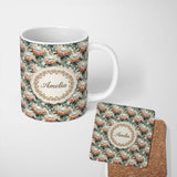 Personalized Custom Name Elegant White and Orange Protea Botanical Seamless Pattern Lovely 11oz Ceramic Coffee Tea Mug White Large Handle