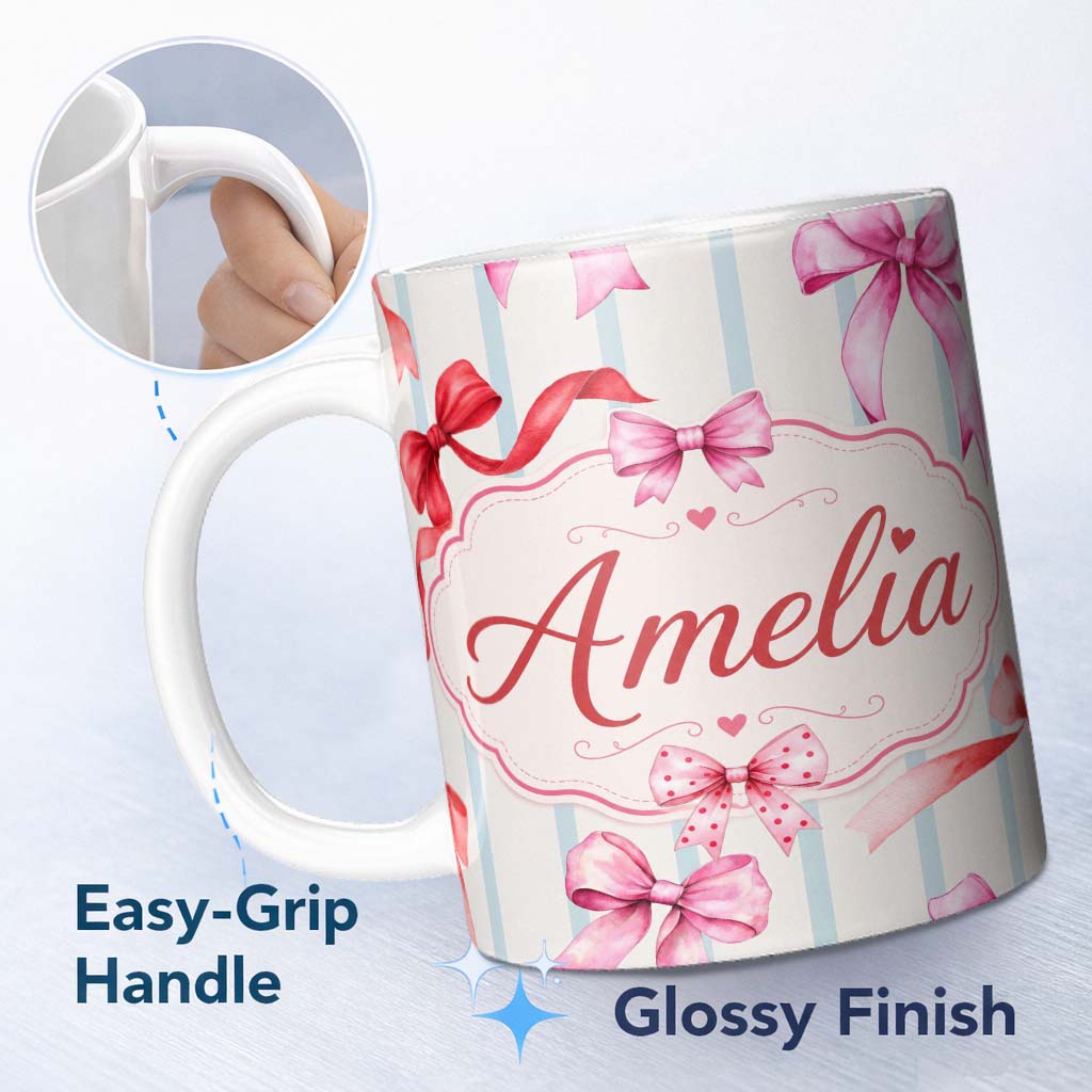 Personalized Custom Name Watercolor Red Pink Ribbon Bows Blue Stripe Background Cute Girly 11oz Ceramic Coffee Tea Mug White Large Handle