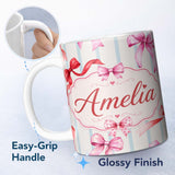 Personalized Custom Name Watercolor Red Pink Ribbon Bows Blue Stripe Background Cute Girly 11oz Ceramic Coffee Tea Mug White Large Handle