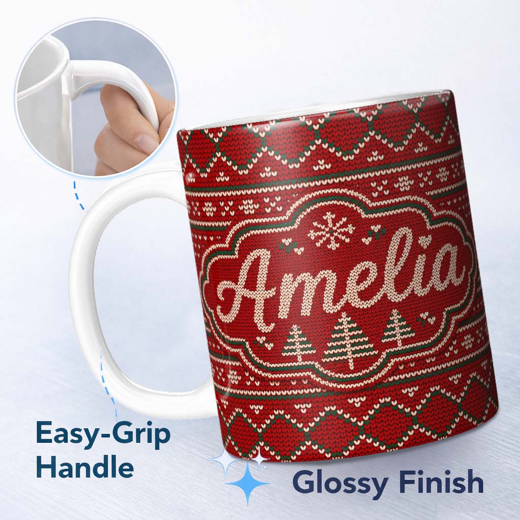 Personalized Custom Name Cute Red Heart Christmas Tree Festive Nordic Knitted Seamless Lovely 11oz Ceramic Coffee Tea Mug White Large Handle