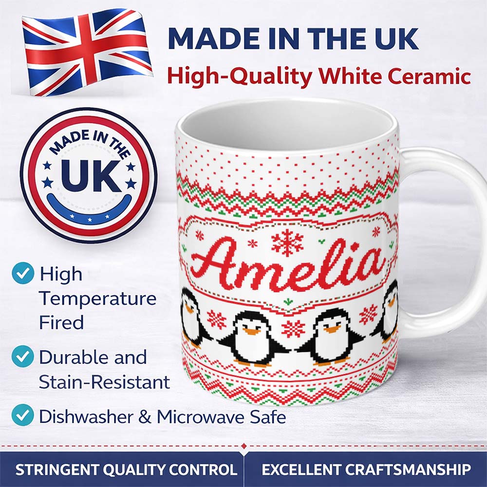 Personalized Custom Name White Red Green Nordic Penguin Snowflake Knit Seamless Pattern 11oz Ceramic Coffee Tea Mug White Large Handle
