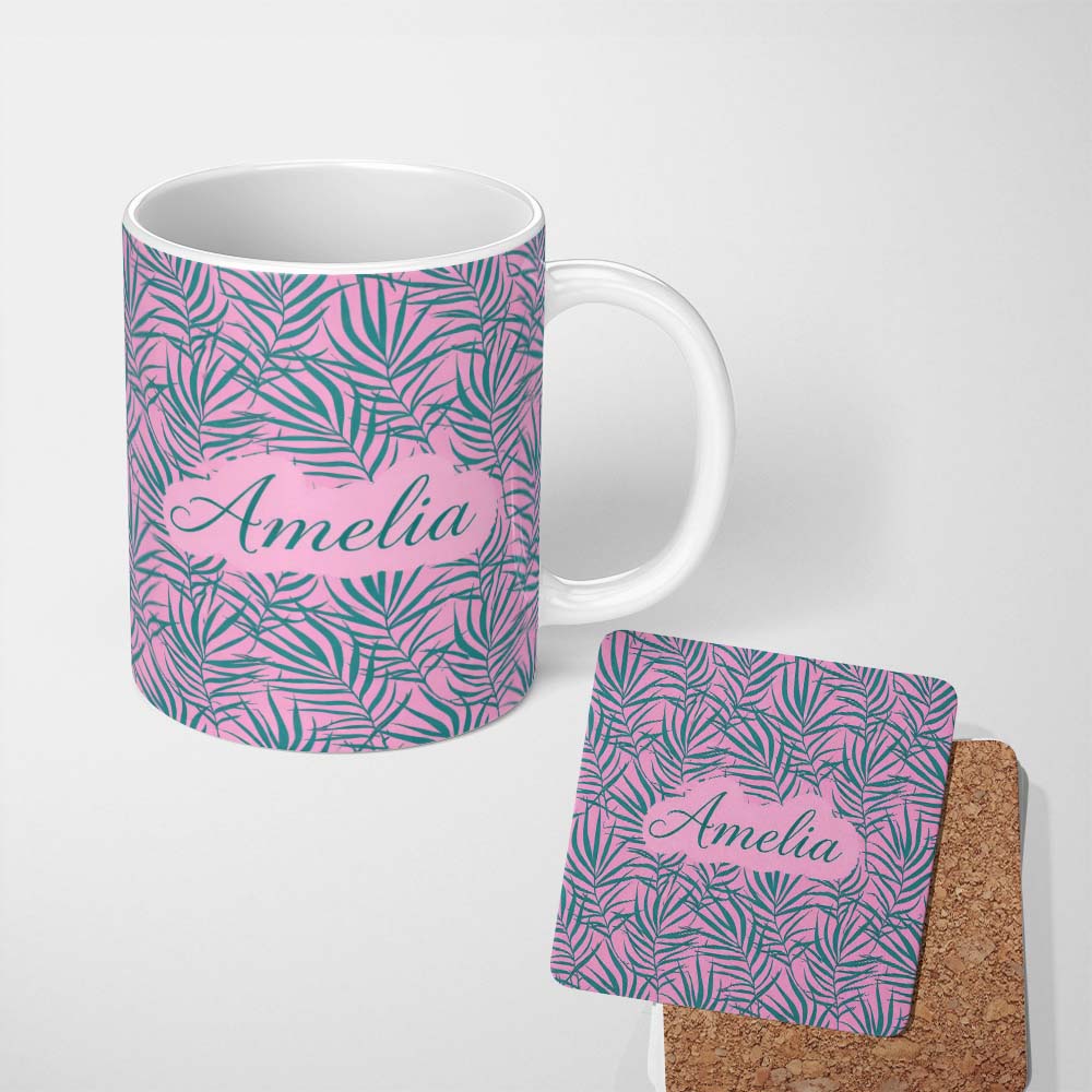 Personalized Custom Name Bold Tropical Leaves Pink Green Abstract Seamless Pattern Lovely 11oz Ceramic Coffee Tea Mug White Large Handle