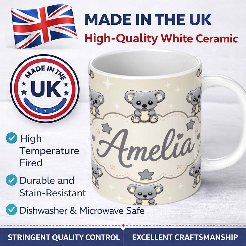 Personalized Custom Name Cute Koala Bears with Stars Beige Background Seamless Pattern Lovely 11oz Ceramic Coffee Tea Mug White Large Handle