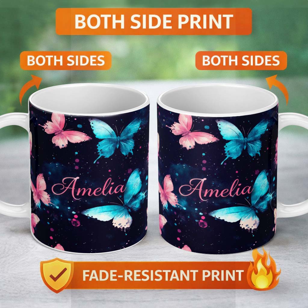Personalized Custom Name Colorful Neon Rainbow Butterflies Dark Background Seamless Pattern 11oz Ceramic Coffee Tea Mug White Large Handle