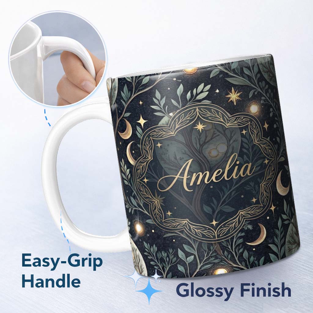 Personalized Custom Name Enchanted Mushroom Forest Night Sky Seamless Pattern Lovely 11oz Ceramic Coffee Tea Mug White Large Handle