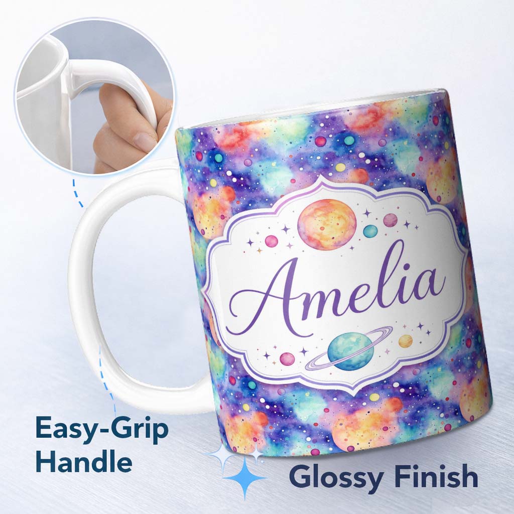 Personalized Custom Name Pastel Watercolor Galaxy Space Clouds Seamless Pattern Soft Cosmic 11oz Ceramic Coffee Tea Mug White Large Handle
