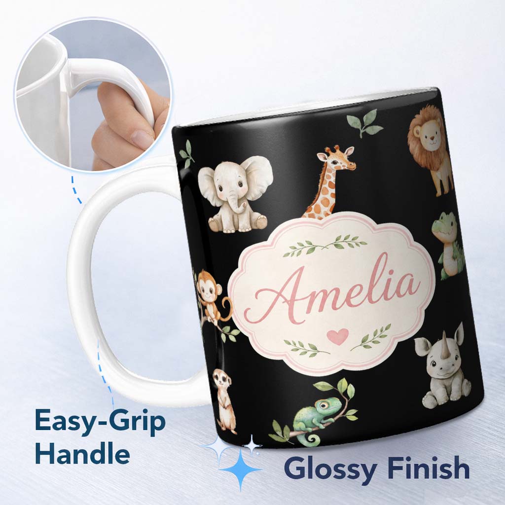 Personalized Custom Name Safari Animals with Elephant Lion and Crocodile on Light Grey Lovely 11oz Ceramic Coffee Tea Mug White Large Handle